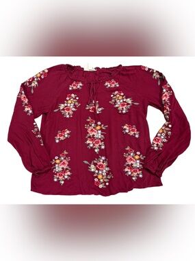 Savanna Jane Embroidered Burgundy Floral Long-Sleeve Peasant Top Size Large